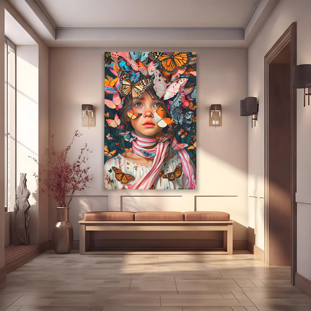 Tablou canvas cu tablou canvas cu fata si fluturi colorati, fara rama, pe sasiu de lemn